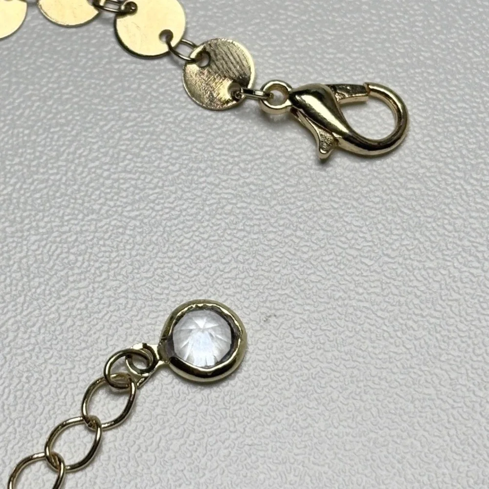 Gold Tone Flat Disc‎ Sequin Chain Bracelet with Crystal Extender Charm
